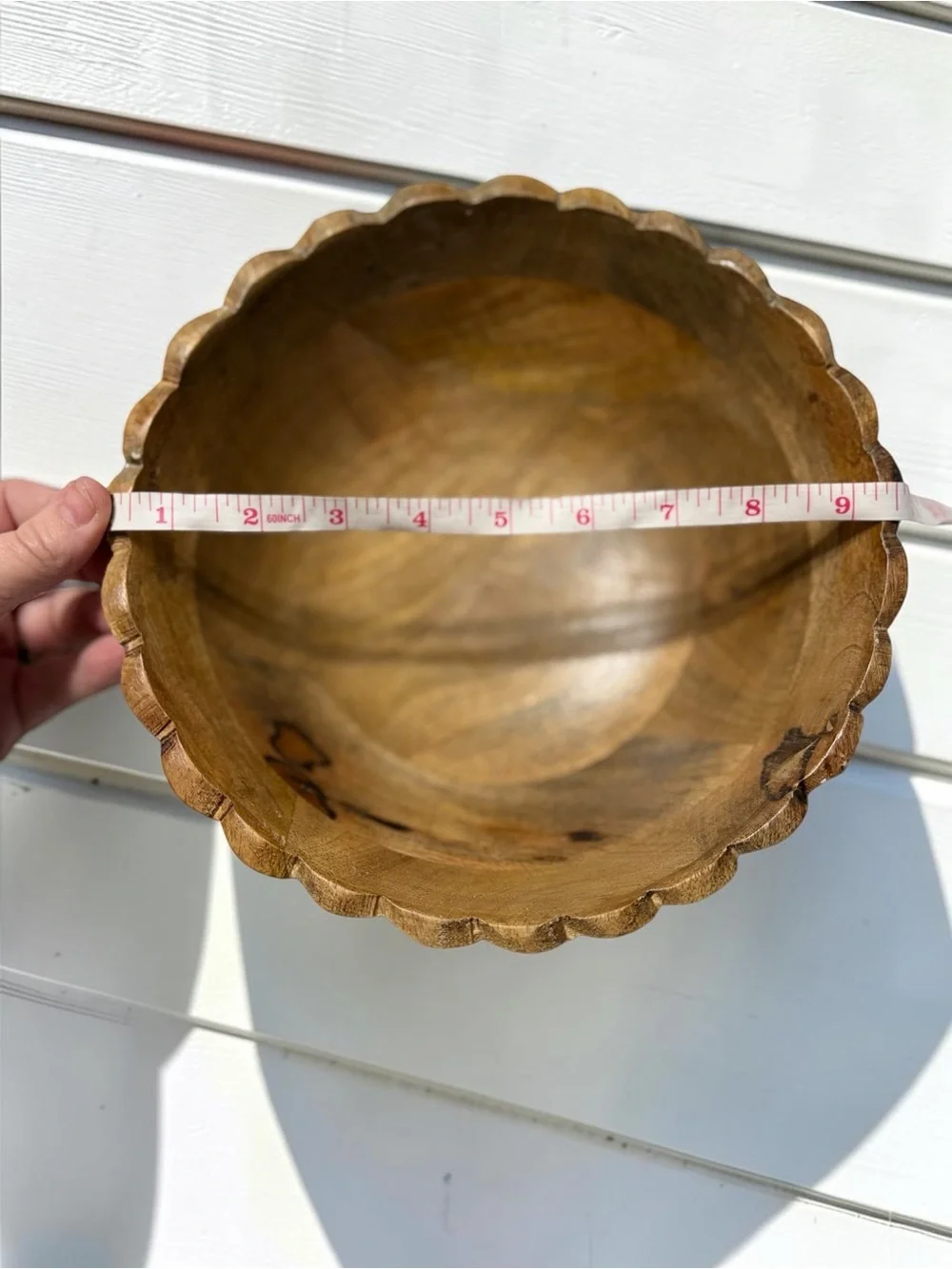 Scalloped Wood Bowl Handcarved Solid Wood Decorative Fruit Bowl 10”